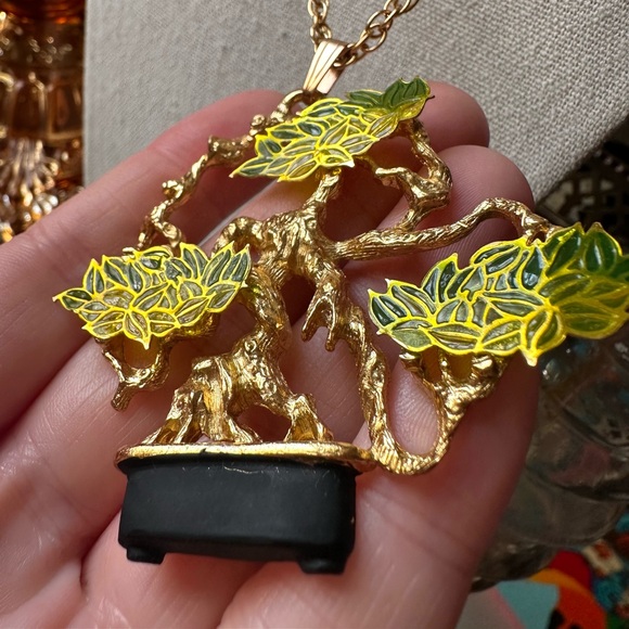 Vintage Plique-a-Jour Bonsai Tree Lucky Pendant Necklace - Picture 3 of 6